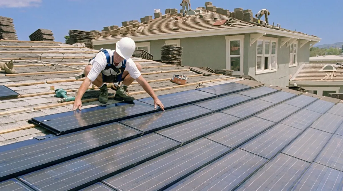 Roof replacement expert installing modern solar shingles on a residential home in Dallas, TX