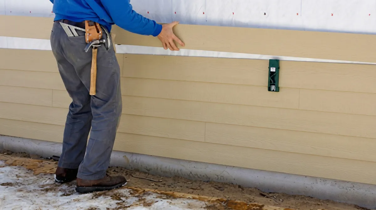 Siding replacement expert carefully aligning a new tan siding panel onto a residential exterior wall in Dallas, TX
