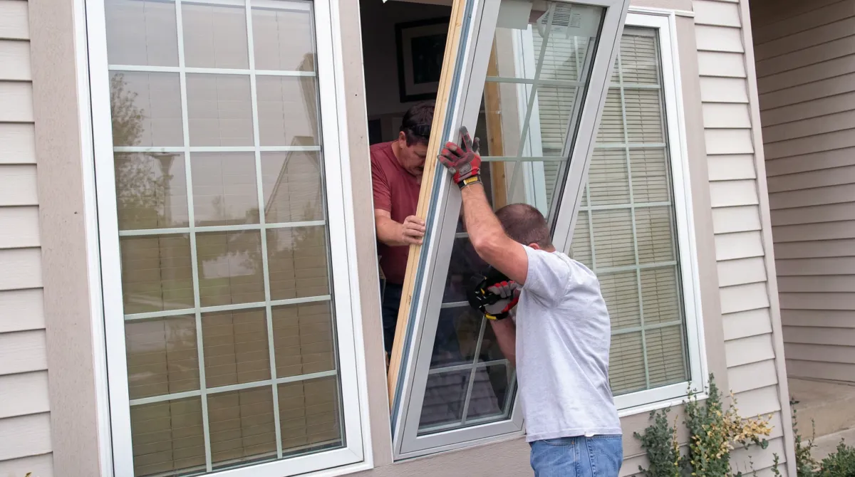 Professional home remodeling team installing a large replacement window on a house with tan siding in Dallas, TX